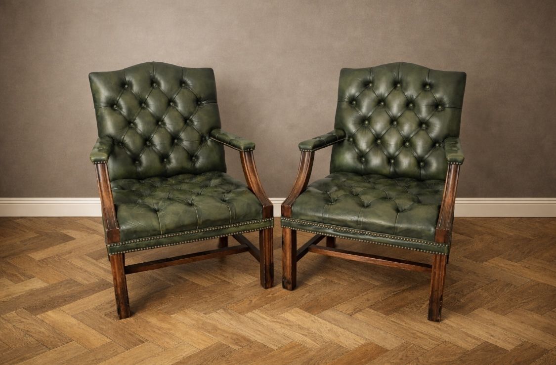 Pair Of Dark Green Leather Chesterfield Style Button Back Library Armchairs | Millbrook 20th Century