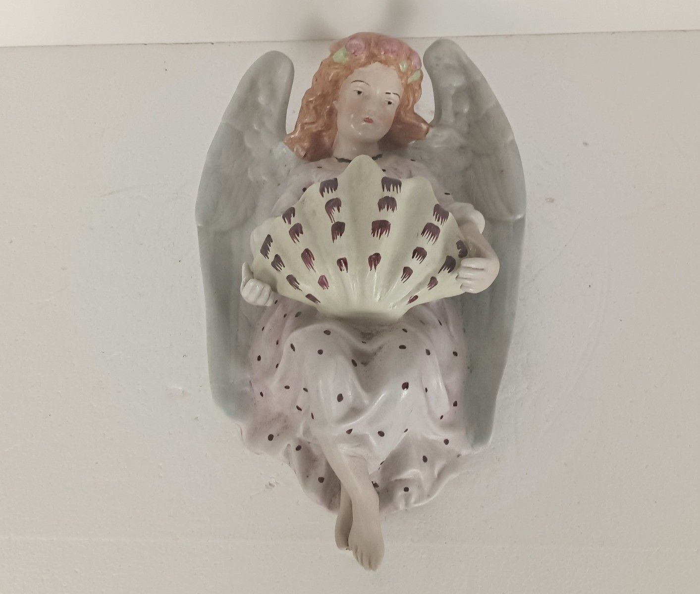 Huge Vintage Holy Water Font Vessel Angel Polychrome Hand Painted Gorgeous Wall photo furniture