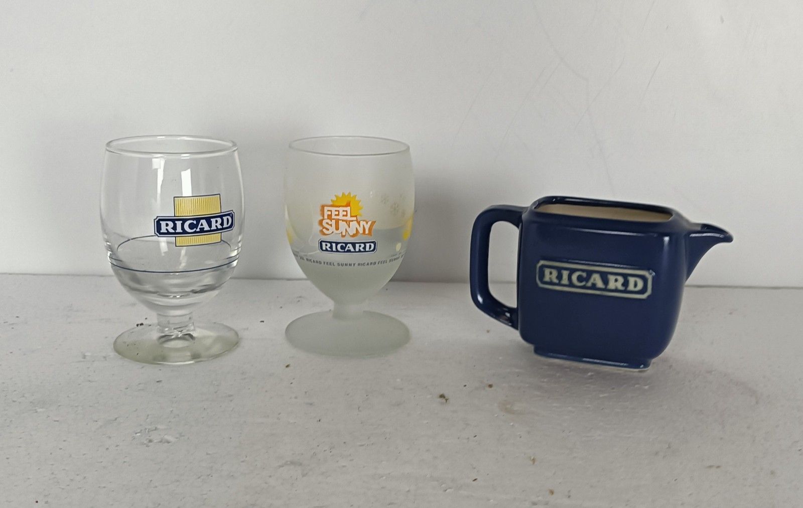 2 French Ricard Glasses  Plus Blue Jar Pastis Apero France Collector Htf photo Home Decor