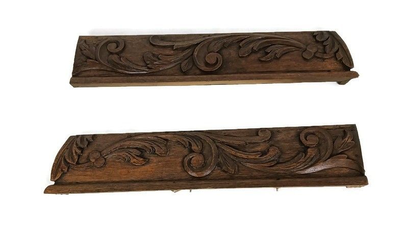 Pair Of Wooden Ornate Reclaimed Cabinet Drawer Panels Antique Salvaged Trims
