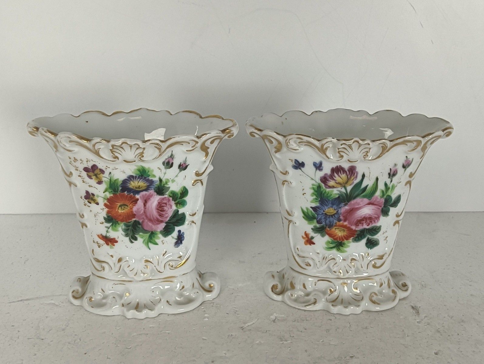 Couple Antique Fan Flair Vases Porcelain Vieux Paris Flower Pattern photo furniture