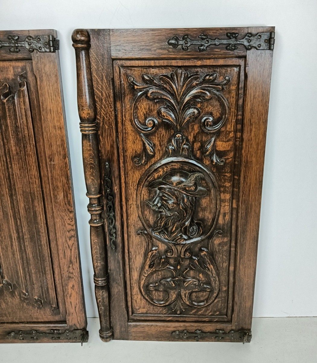 Pair Antique Carved Wood Door Panels Iron Trims Architectural Salvaged Reclaim photo for sale