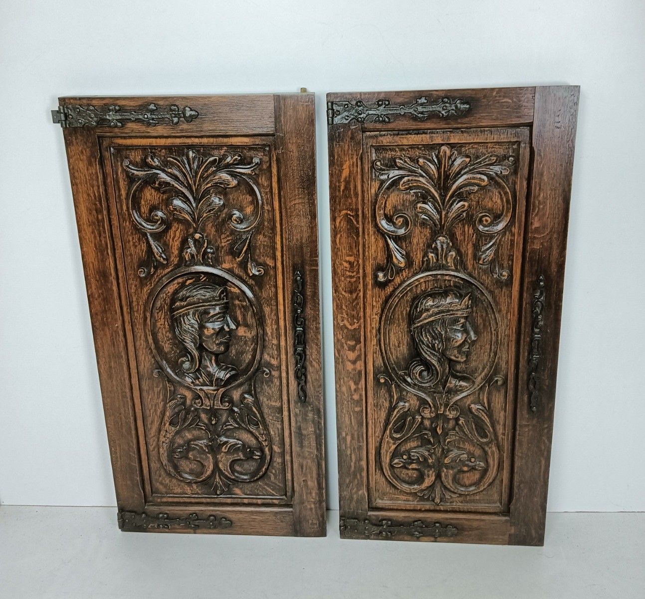 Pair Antique Carved Wood Door Panels Iron Trims Architectural Salvaged Reclaim photo Home Fixtures