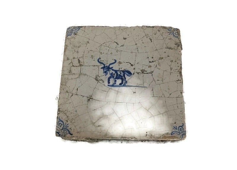 1800 Antique Delft Tile Dutch Decorative Candelabrum Goat Blue White Htf
