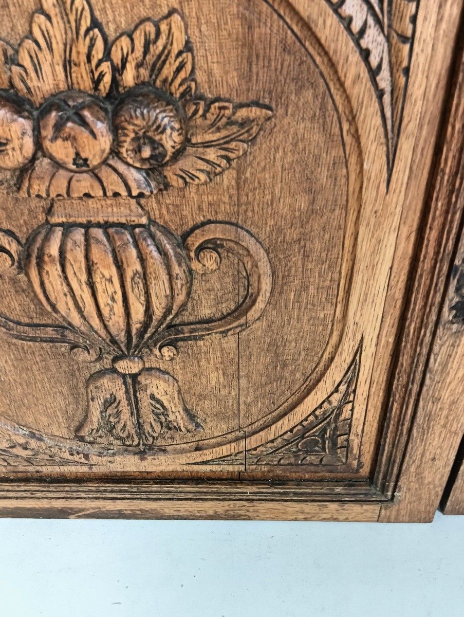 Pair Antique Hand Carved Wood Door Panels Fruit Baskets Reclaimed Architectural photo 268.0