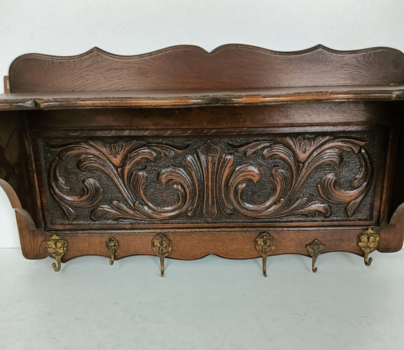 Large Coat Hat Rack Vintage Wall Hanging Carved Ornate Dark Wood photo 268.0