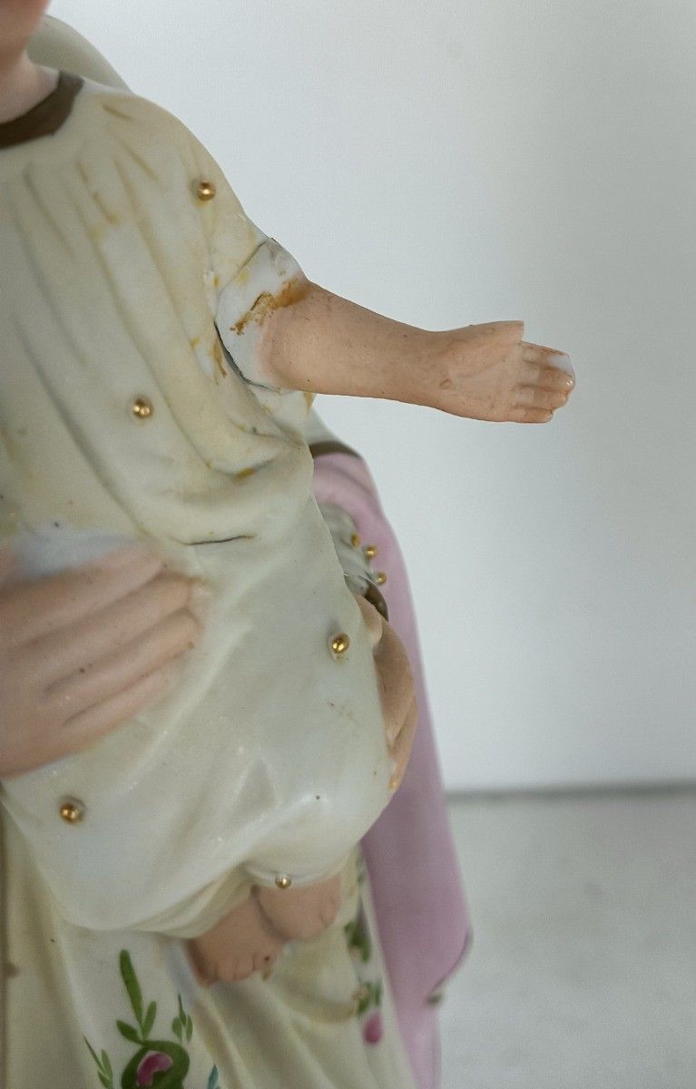 Antique Porcelain Bisque Statue Virgin Mary Our Lady Madonna With Infant Yellow photo for sale