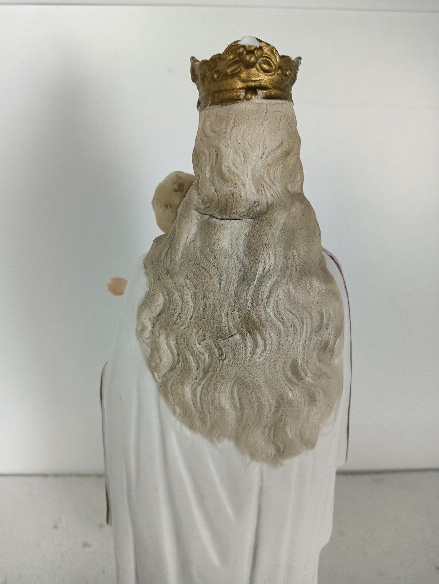 Antique Porcelain Bisque Statue Virgin Mary Our Lady Madonna With Infant Yellow photo vintage