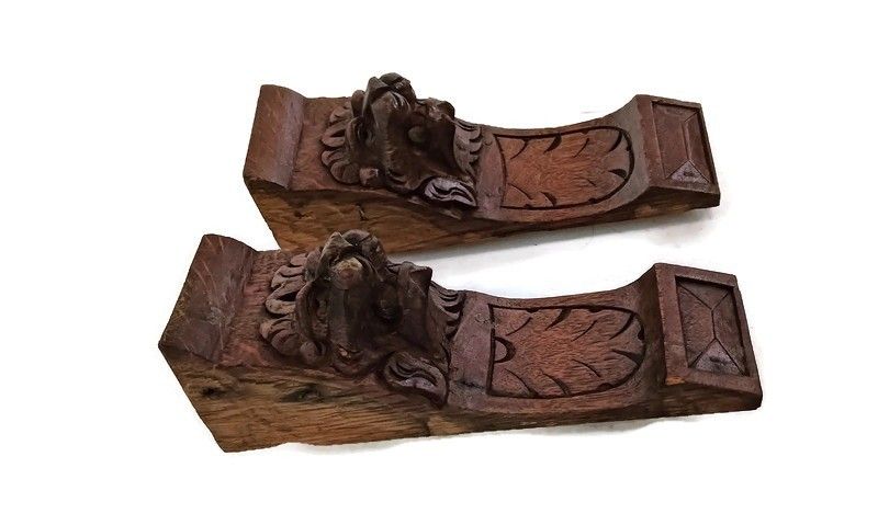 Large Antique Couple Corbels Hand Carved Wood Architectural Reclaimed Lion Heads photo furniture