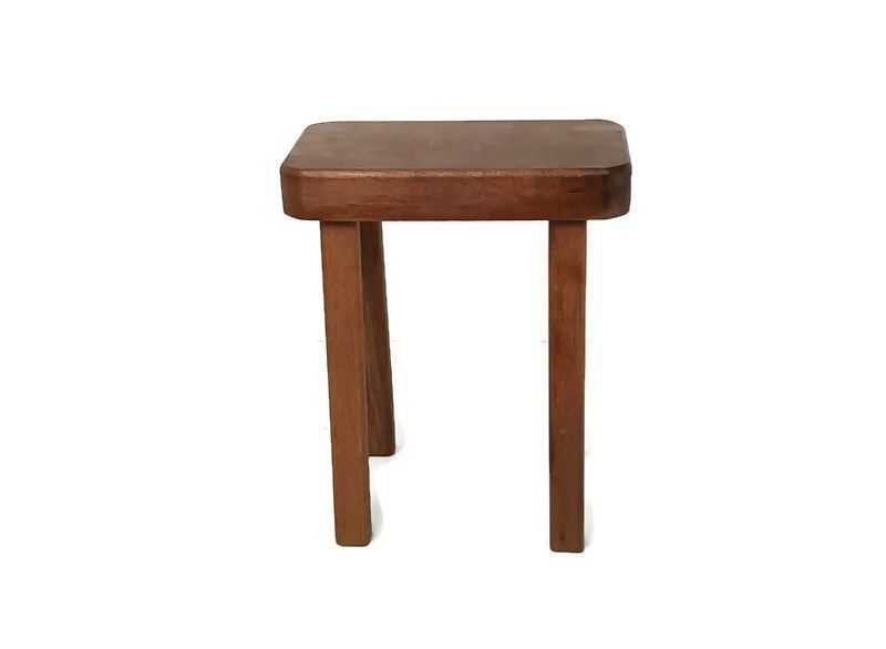 Antique  Carved Wooden Milking Stool Pedestal Plant Stand Side Table, Thick Top