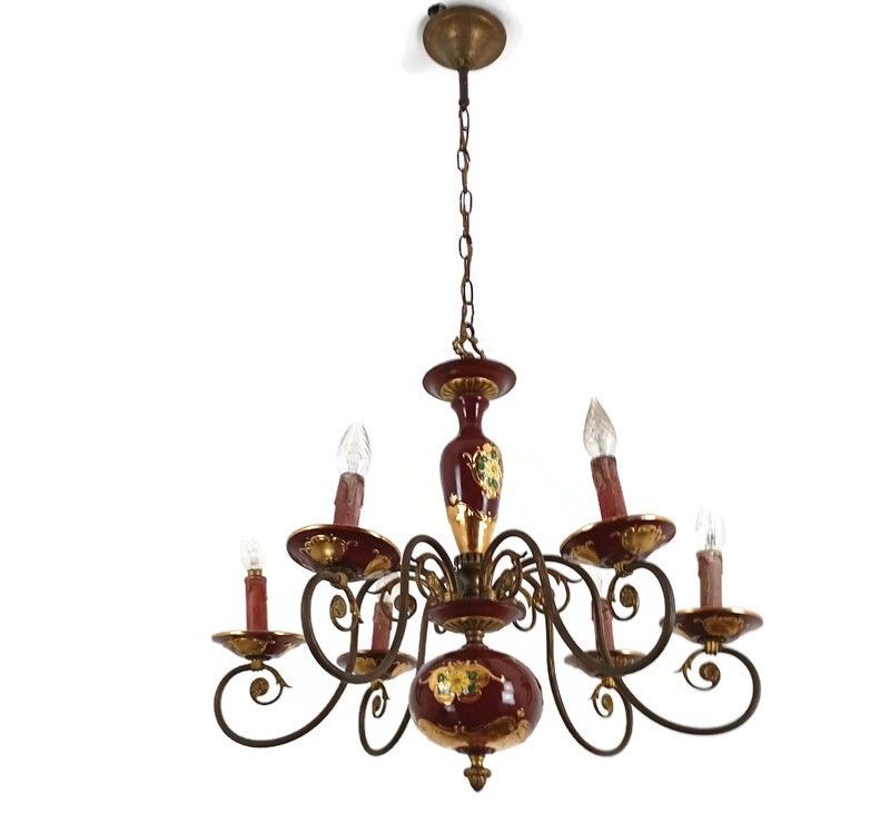 Chandelier 6 Arms Lights Porcelain Tole Bordeaux Gold  Italian Vintage Beautif
