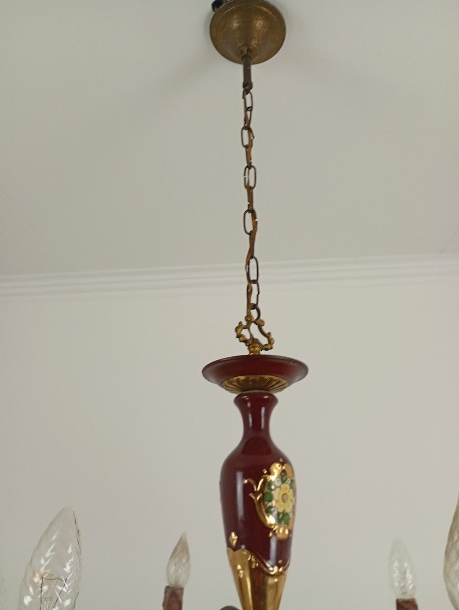 Chandelier 6 Arms Lights Porcelain Tole Bordeaux Gold  Italian Vintage Beautif photo vinterior