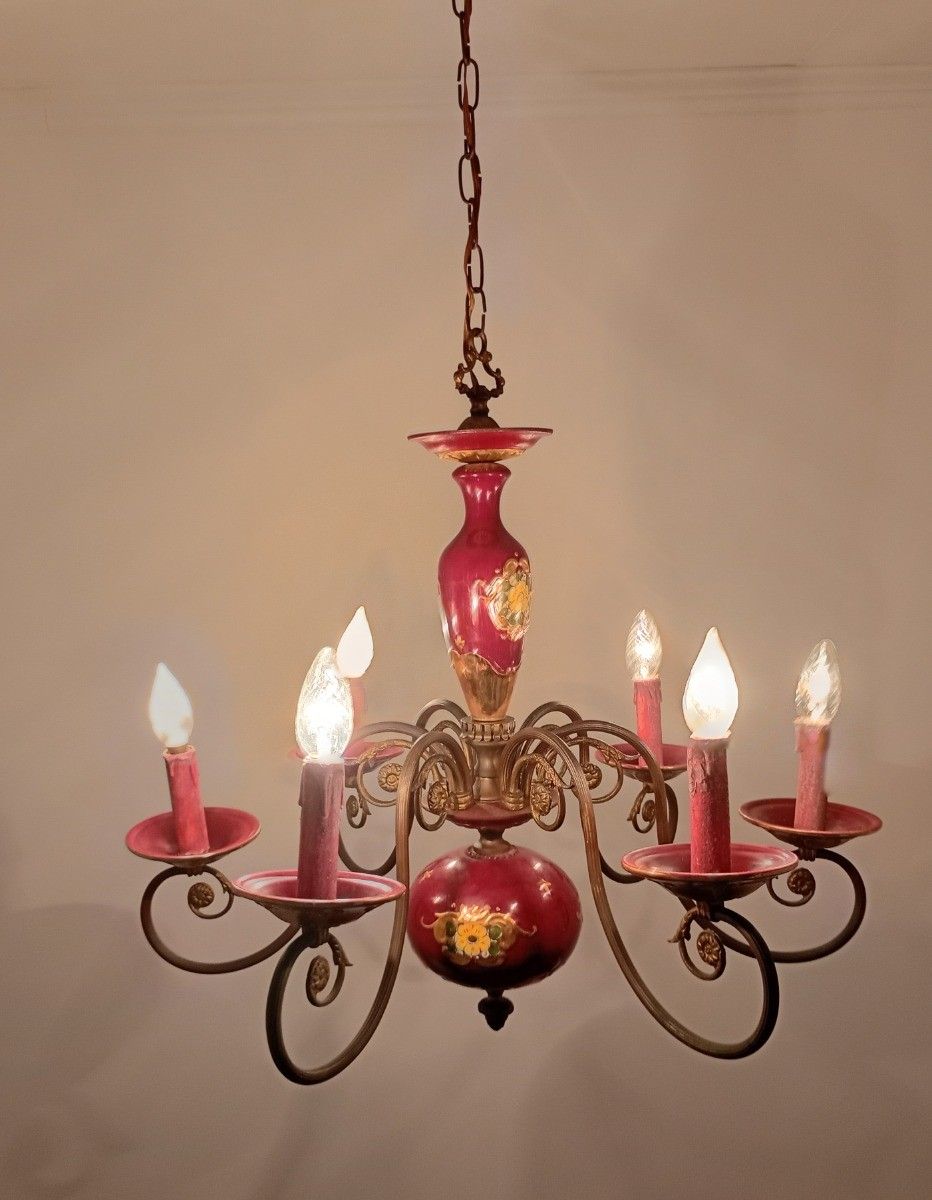 photo furniture Chandelier 6 Arms Lights Porcelain Tole Bordeaux Gold  Italian Vintage Beautif