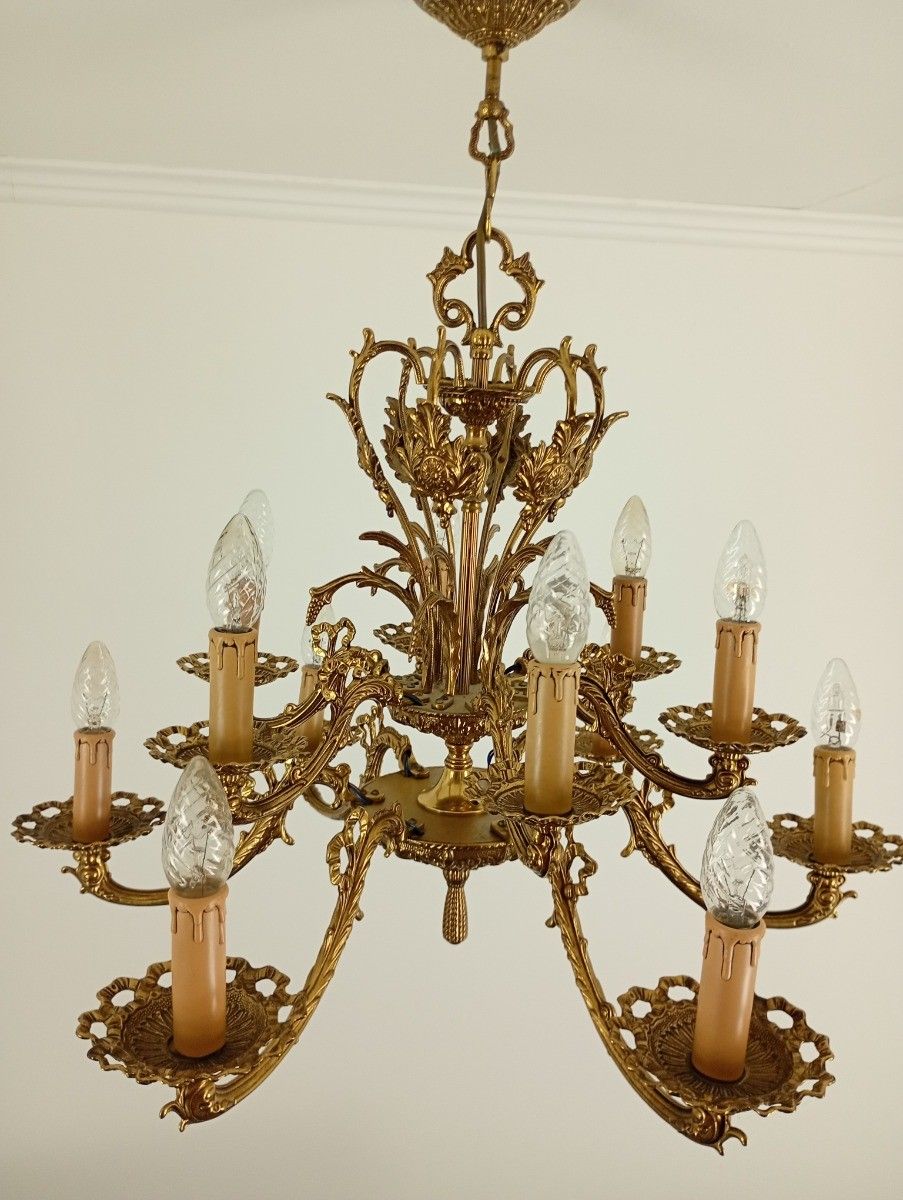 Vintage Spanish Revival Chandelier 12 Arm Lights Brass Gorgeous Ornate Ceiling F photo buy