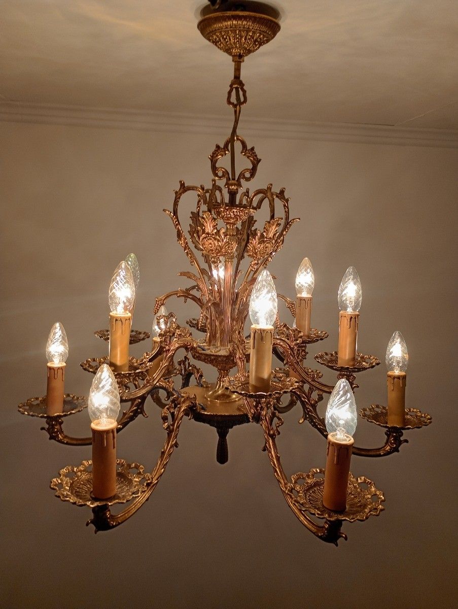 Lighting Vintage Spanish Revival Chandelier 12 Arm Lights Brass Gorgeous Ornate Ceiling F photo