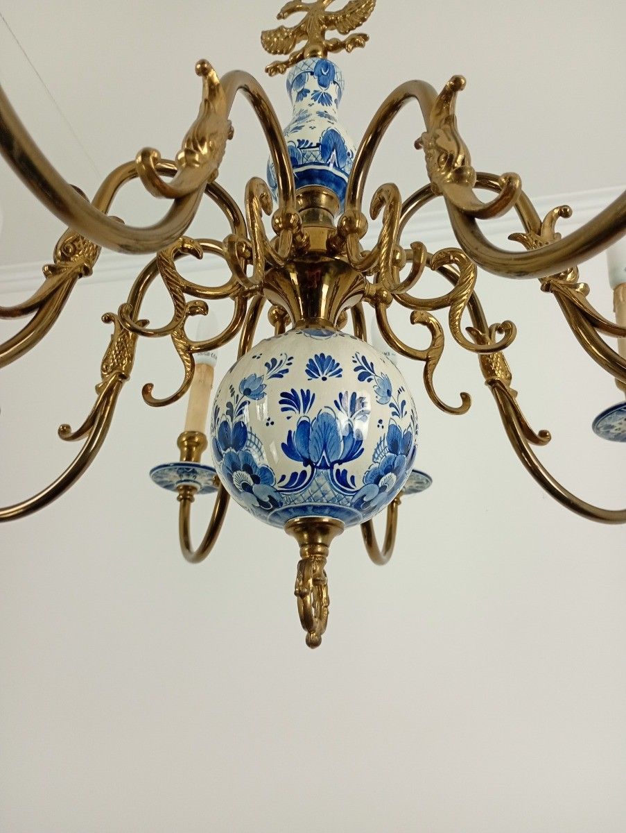 photo furniture L Dutch Delft Blue White Chandelier Porcelain Ornate Brass 8 Lights Arms Vintage