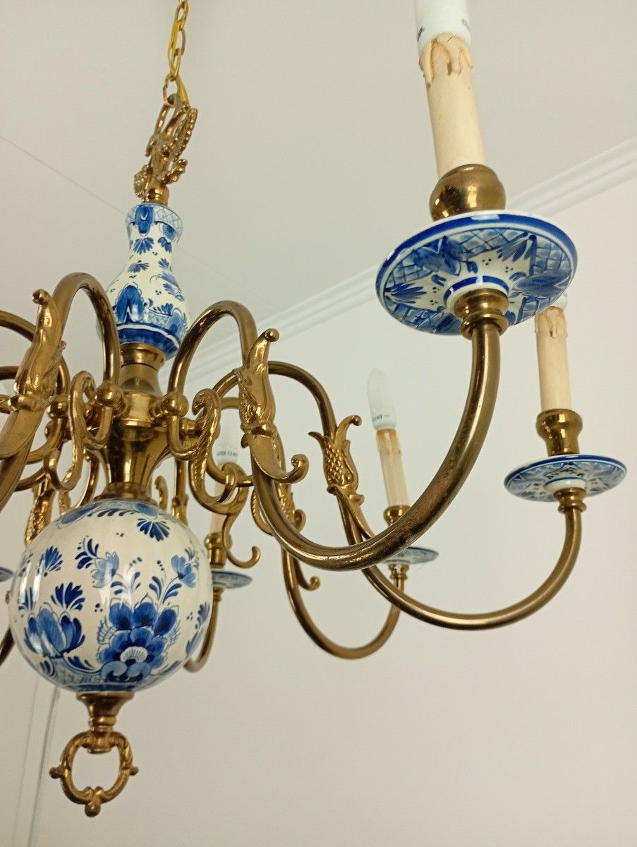 photo for sale L Dutch Delft Blue White Chandelier Porcelain Ornate Brass 8 Lights Arms Vintage