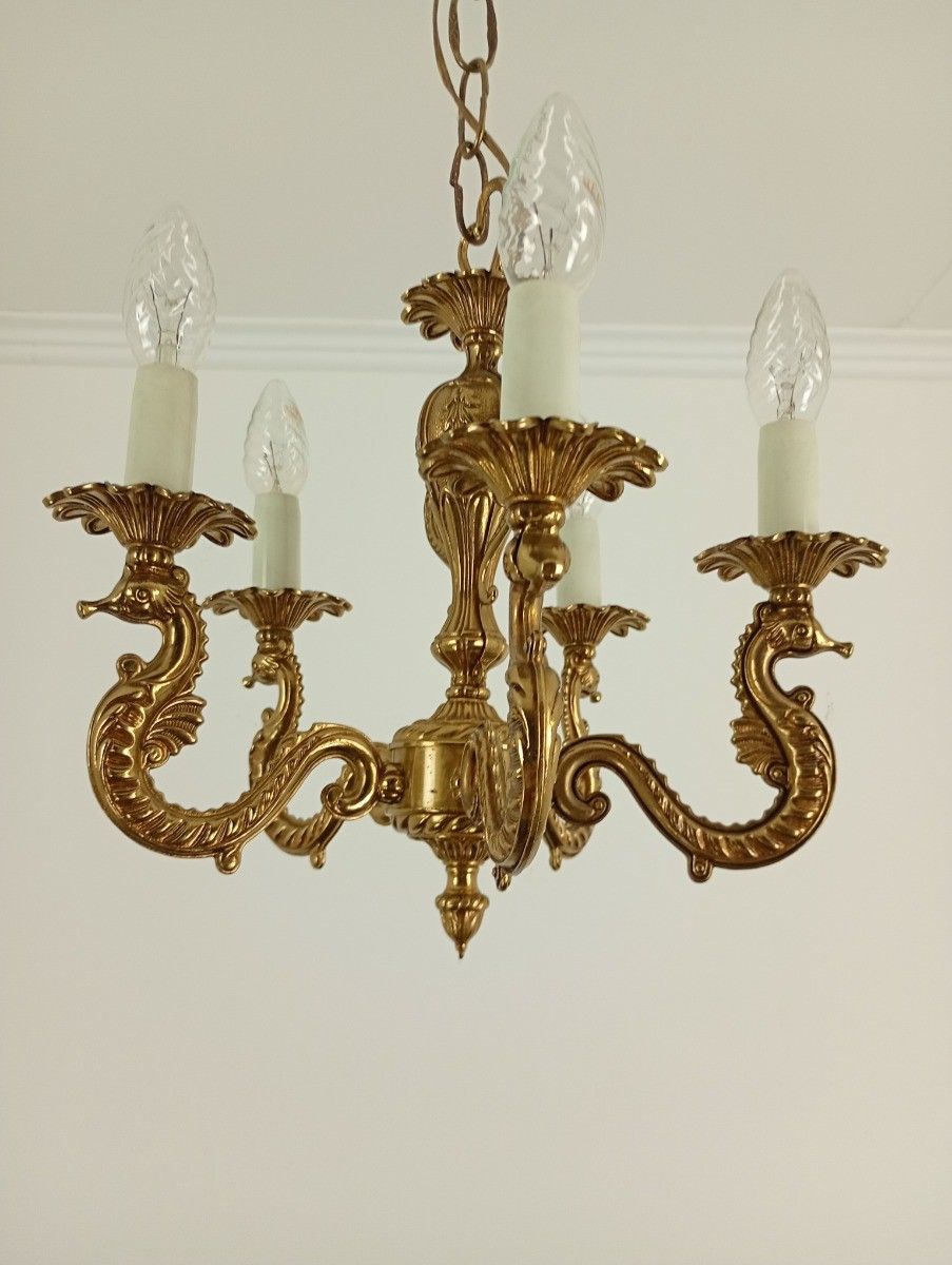 Vintage Ornate Chandelier Brass Seahorses 5 Arm Lights Small Ceiling Fixture photo vintage