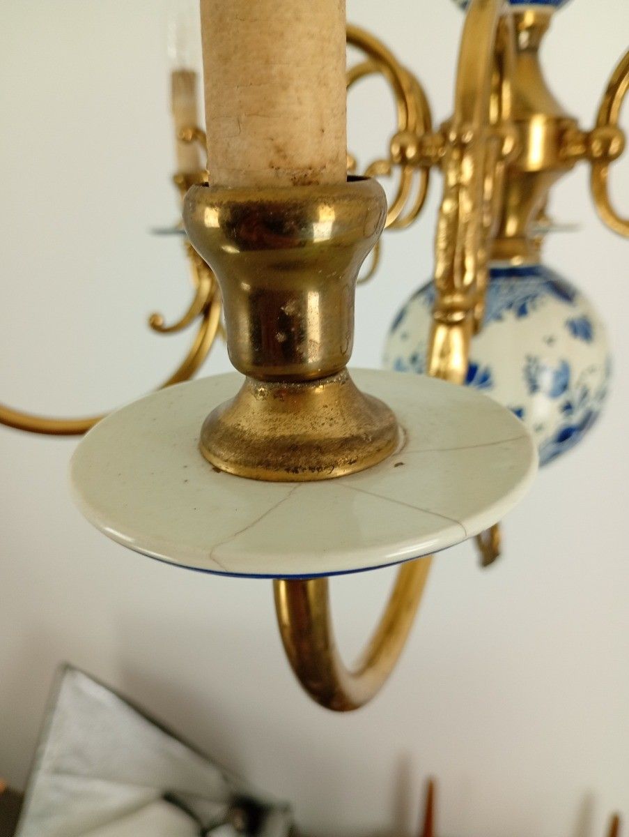 6 Arm Lights Delft Blue White Chandelier Eagles Fish Hand Painted Brass Ornate F photo vintage