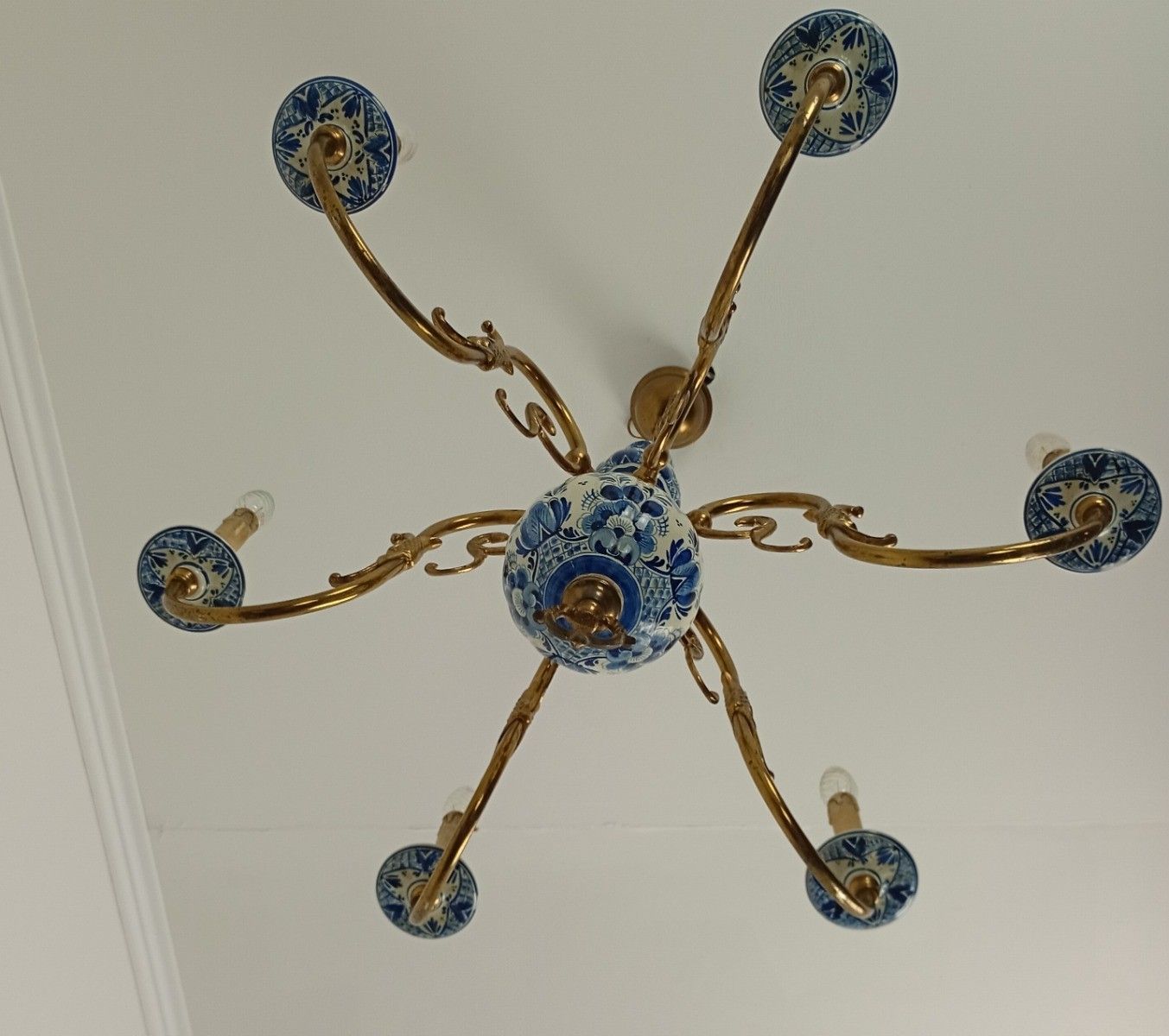 photo buy 6 Arm Lights Delft Blue White Chandelier Eagles Fish Hand Painted Brass Ornate F