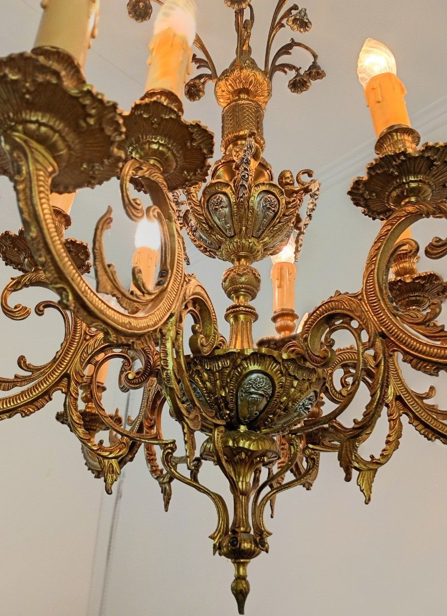 Gorgeous Spanish Revival Brass Chandelier Putti Bell Flowers 12 Arm Lights Vinta photo for sale