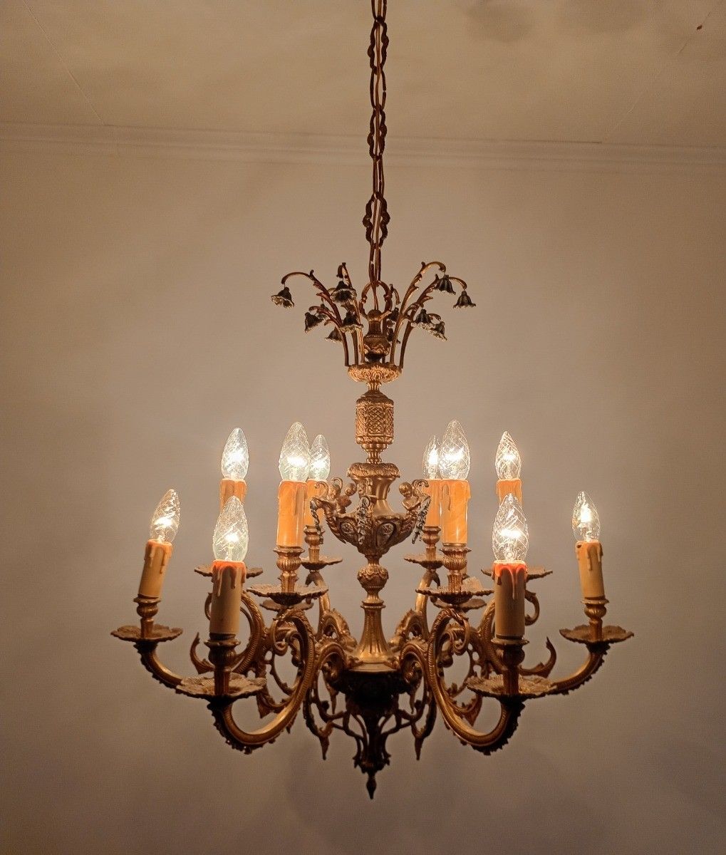 photo furniture Gorgeous Spanish Revival Brass Chandelier Putti Bell Flowers 12 Arm Lights Vinta