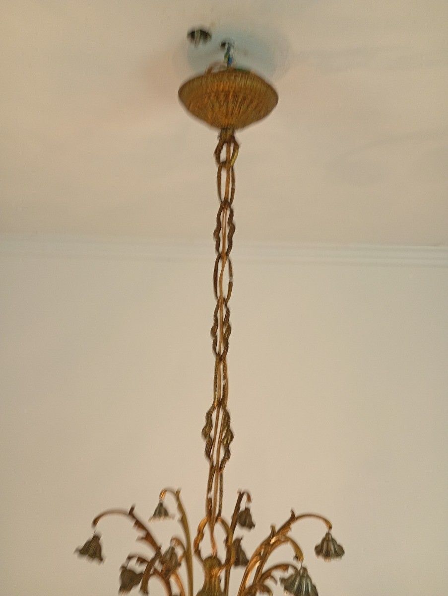 photo for sale Gorgeous Spanish Revival Brass Chandelier Putti Bell Flowers 12 Arm Lights Vinta