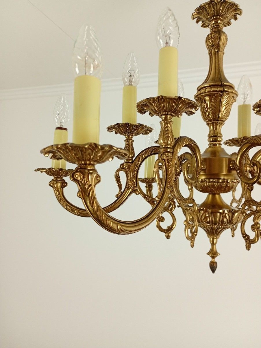 photo for sale Gorgeous Spanish Revival Brass Chandelier  12 Arm Lights Vintage Ornate Ceiling