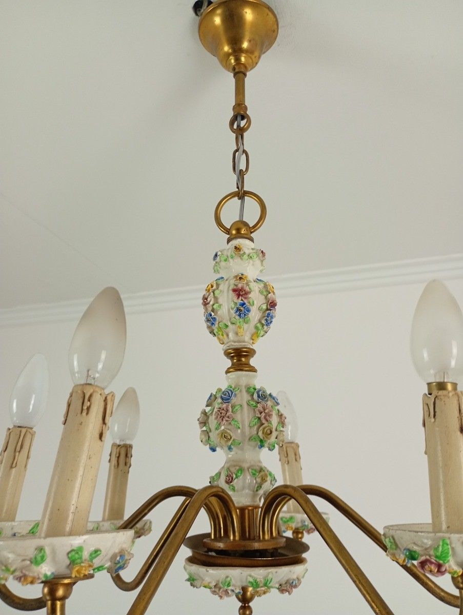 Italian Chandelier Porcelain Lots Of 3d Flowers Romantic Capodimonte Style  Vint photo for sale