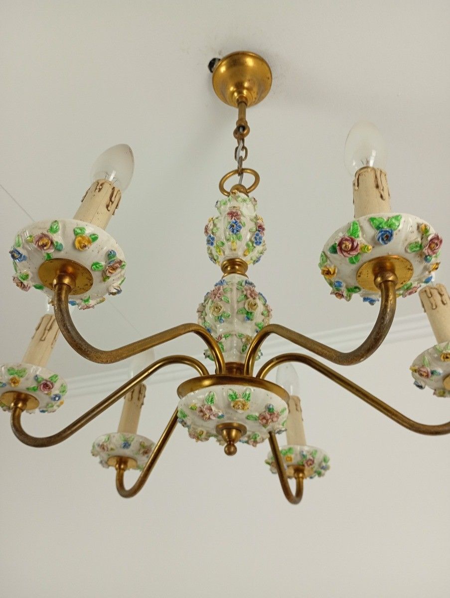 Italian Chandelier Porcelain Lots Of 3d Flowers Romantic Capodimonte Style  Vint photo Lighting
