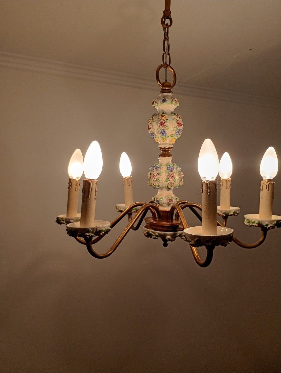 Italian Chandelier Porcelain Lots Of 3d Flowers Romantic Capodimonte Style  Vint photo vinterior