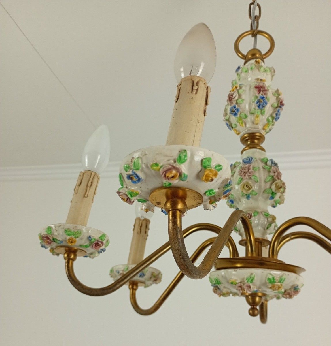 photo for sale Italian Chandelier Porcelain Lots Of 3d Flowers Romantic Capodimonte Style  Vint