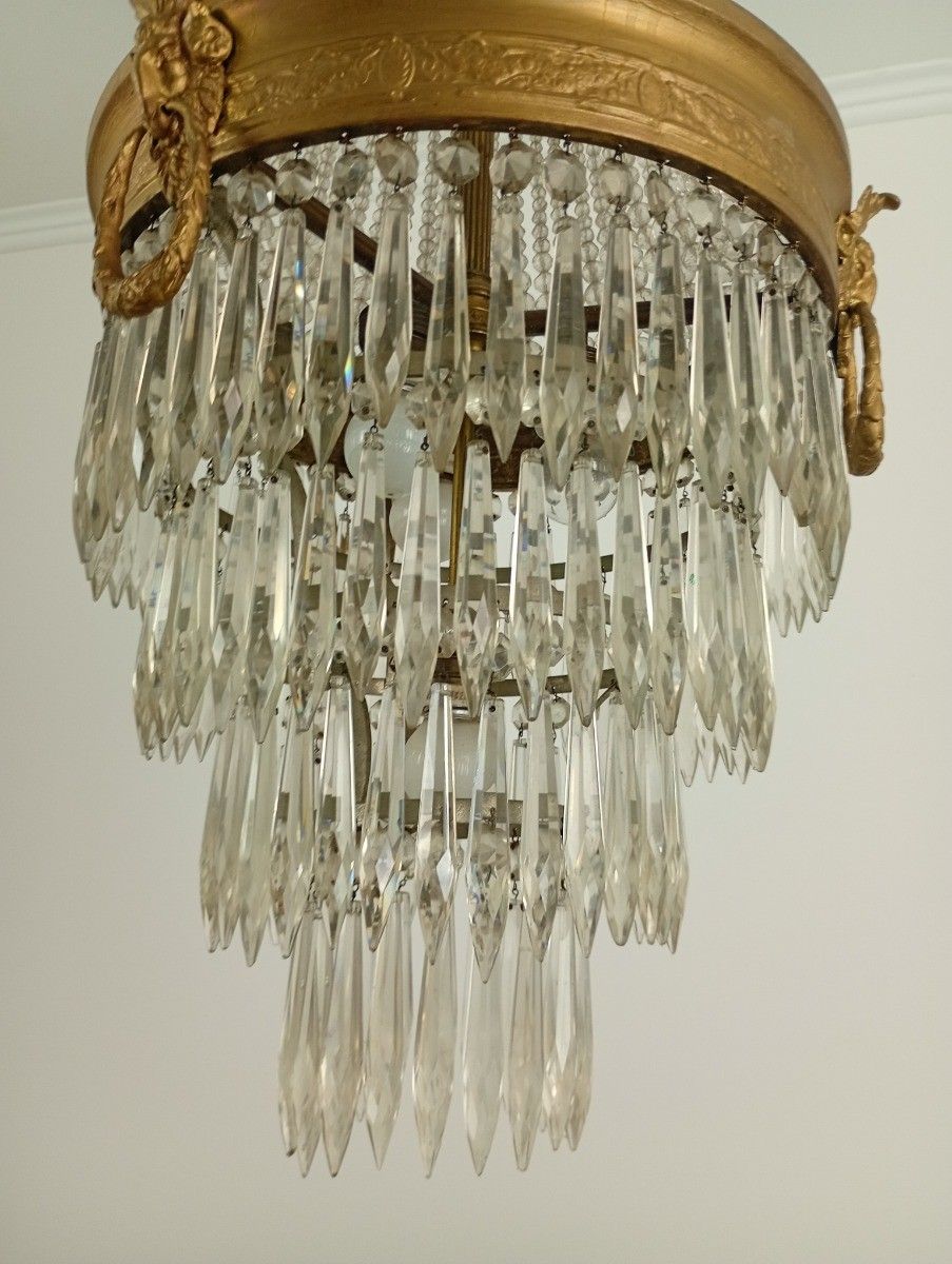 Gorgeous Sac O Perles French Empire Bag Chandelier Crystal Brass  Wedding 6 Ligh photo for sale
