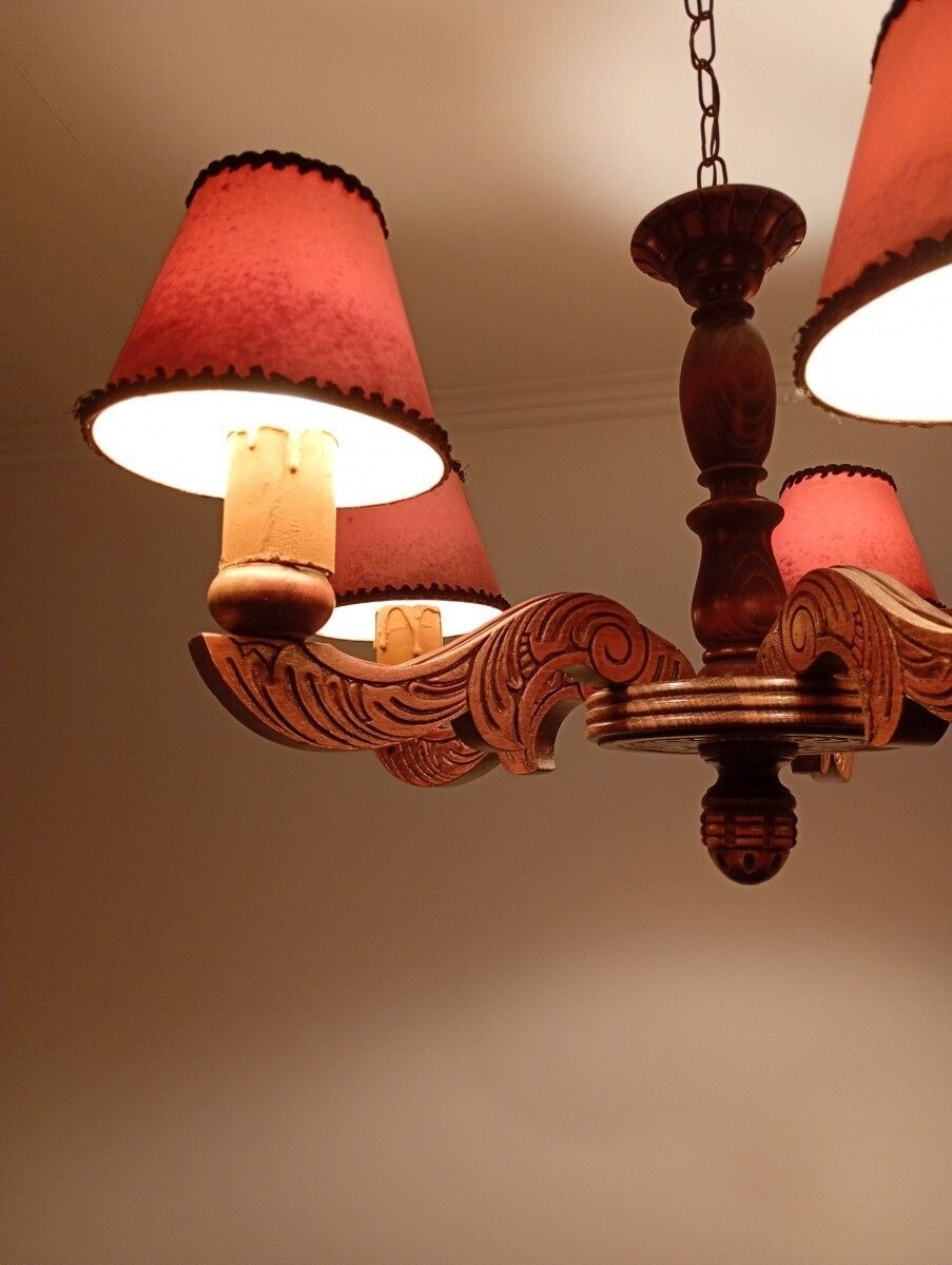 Gorgeous Carved Wooden Wood Chandelier Vintage 5 Lights Fixture Farmhouse Style photo vintage