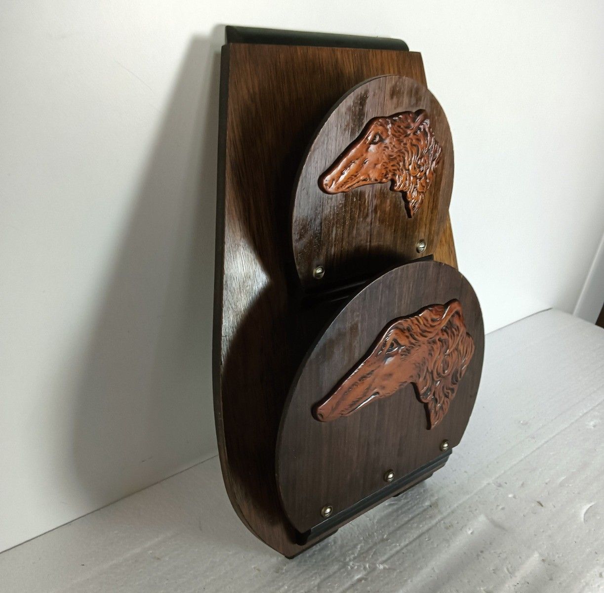 Art Deco Wood Magazine Newspaper Basket Rack Wall Mount Hanging Dogs Hound photo furniture