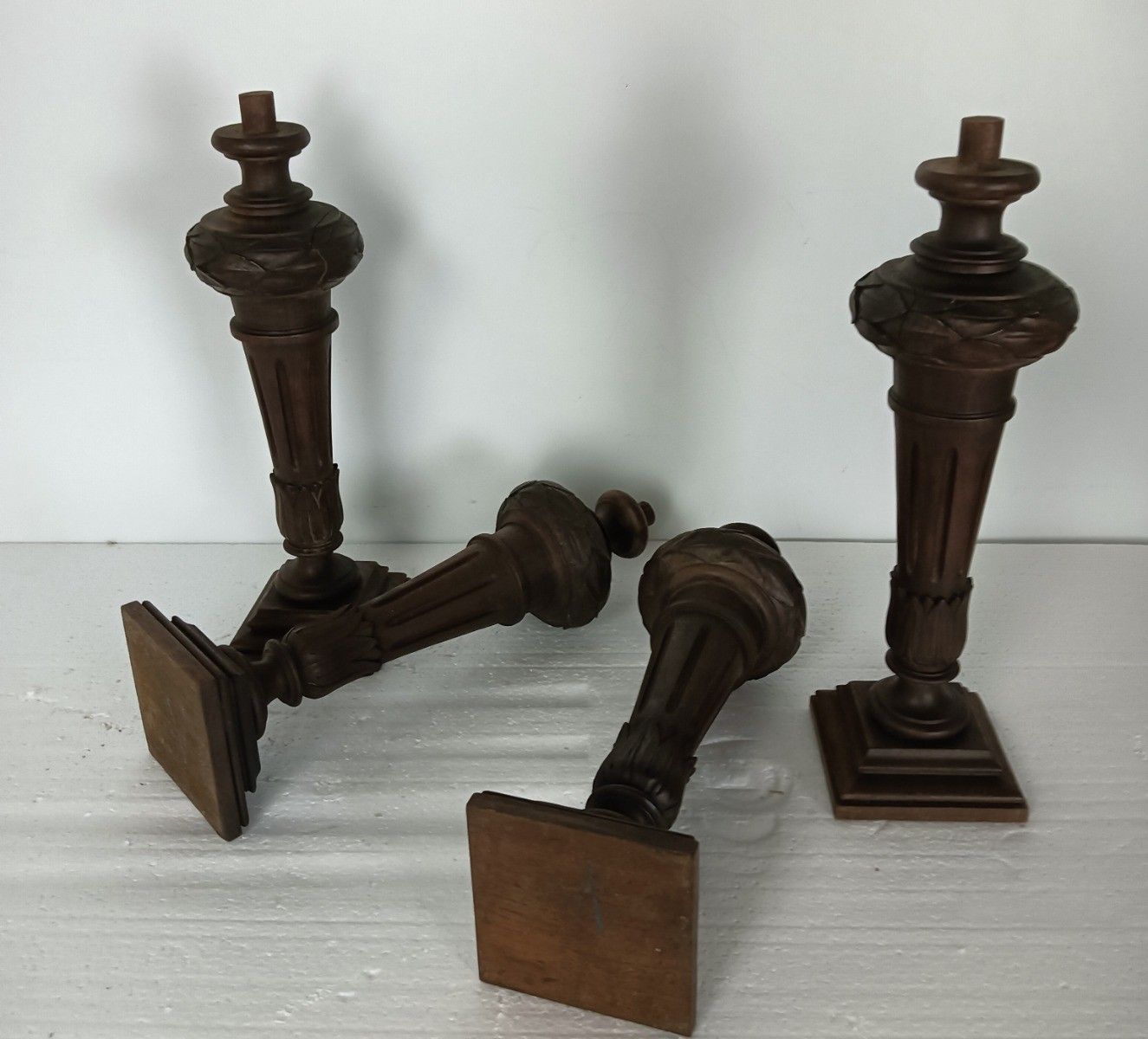 Set Of 4 Large Reclaimed Carved Wood Large Spindles Balusters Trim Posts Pillar photo for sale