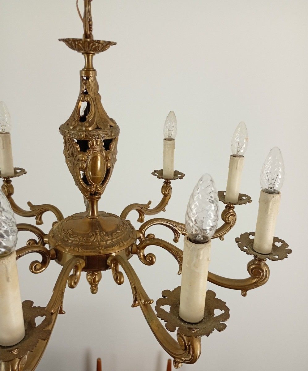 Gorgeous Spanish Revival Brass Chandelier 9 Arm Lights Vintage Ornate Ceiling Fi photo vintage