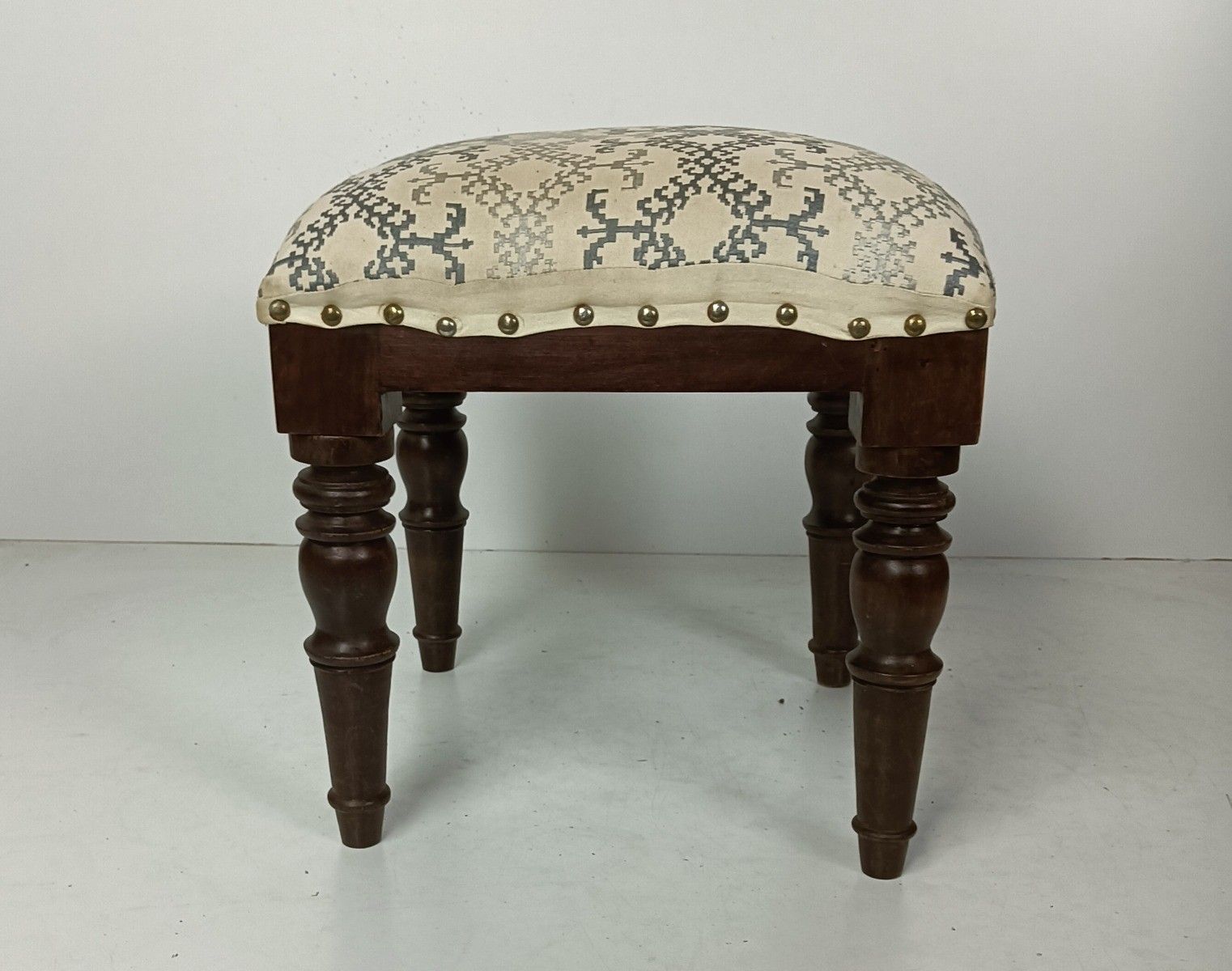 Vintage Footstool Ottoman  Wood Foot Rest 20th Century Hobnails Fabric photo vinterior