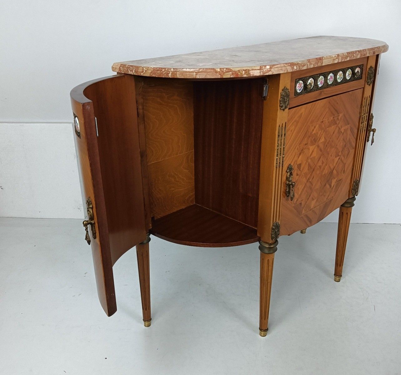 Cabinet Wood Marble Top Inlay Marquetry Brass Trims Medallions Commode Cabinet V photo vinterior