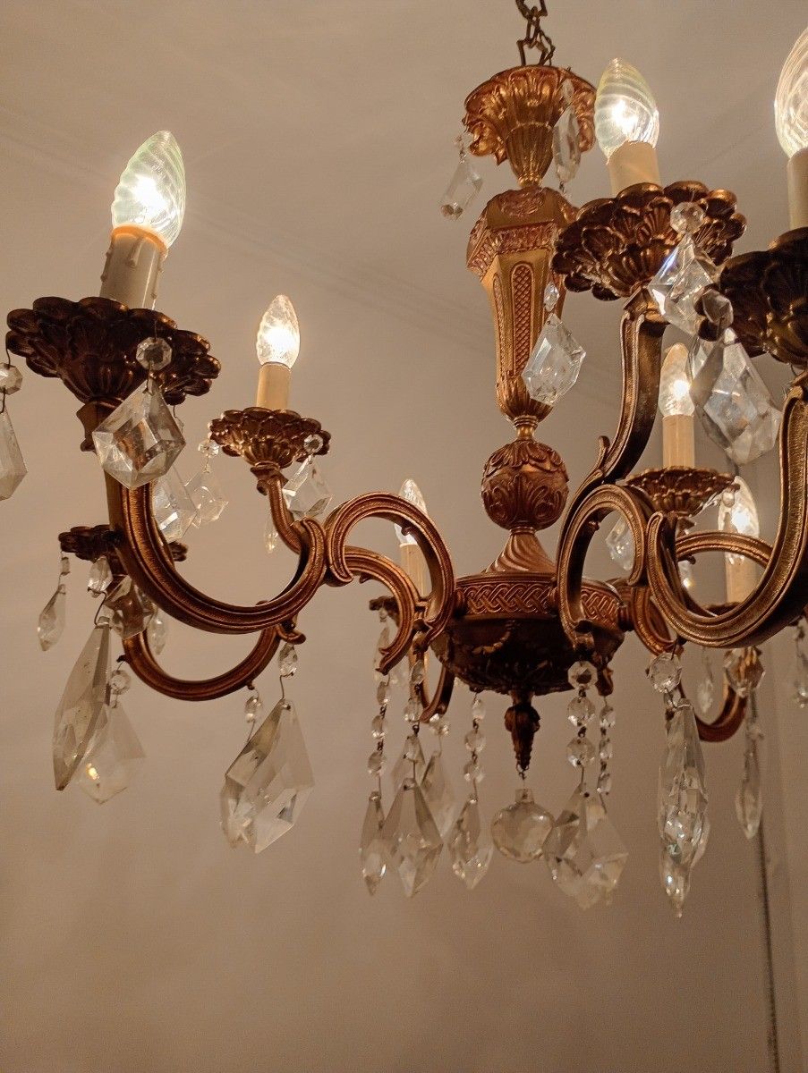 Beautiful Spanish Revival Chandelier 9 Arm Brass Crystal Prisms Vintage photo vinterior