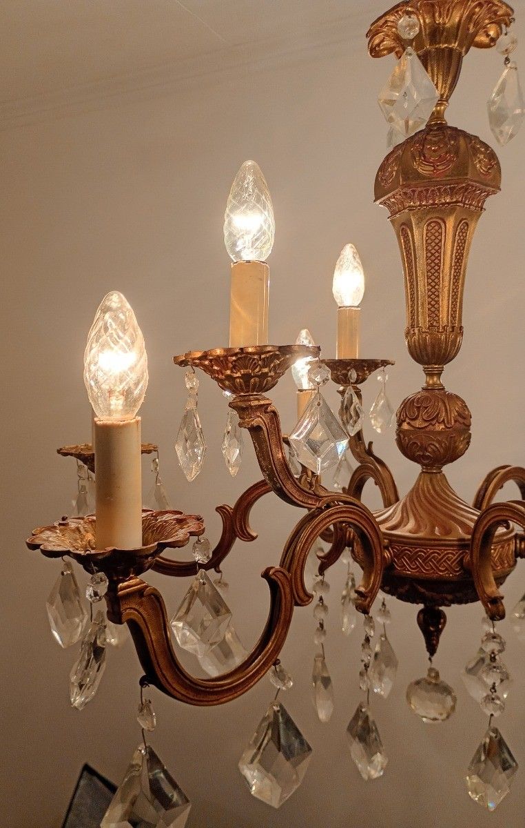 Beautiful Spanish Revival Chandelier 9 Arm Brass Crystal Prisms Vintage photo buy