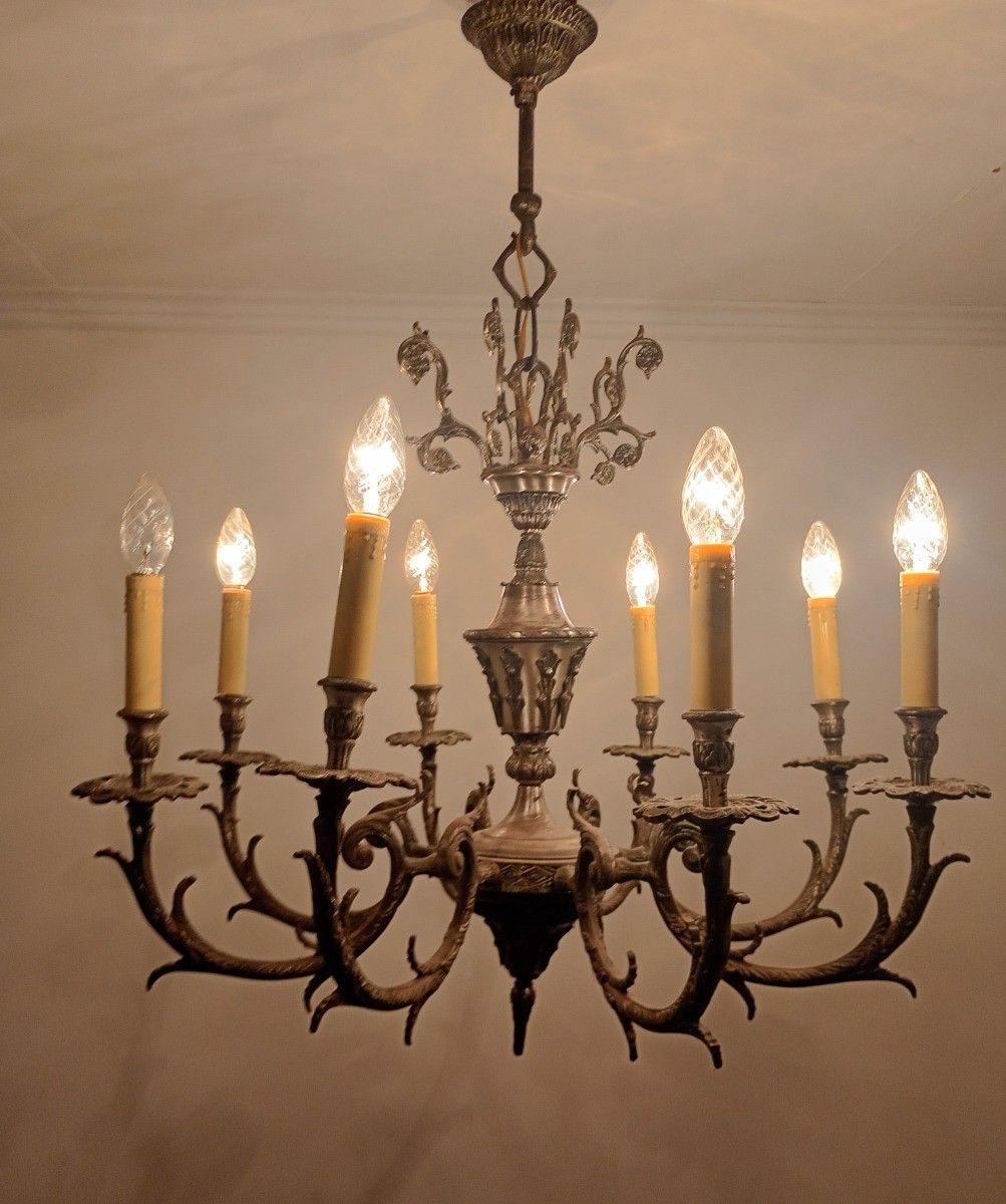 Chandelier  Silverplated Metal 9  Lights Arm Ceiling Fixture Neo Gothic Style photo vintage