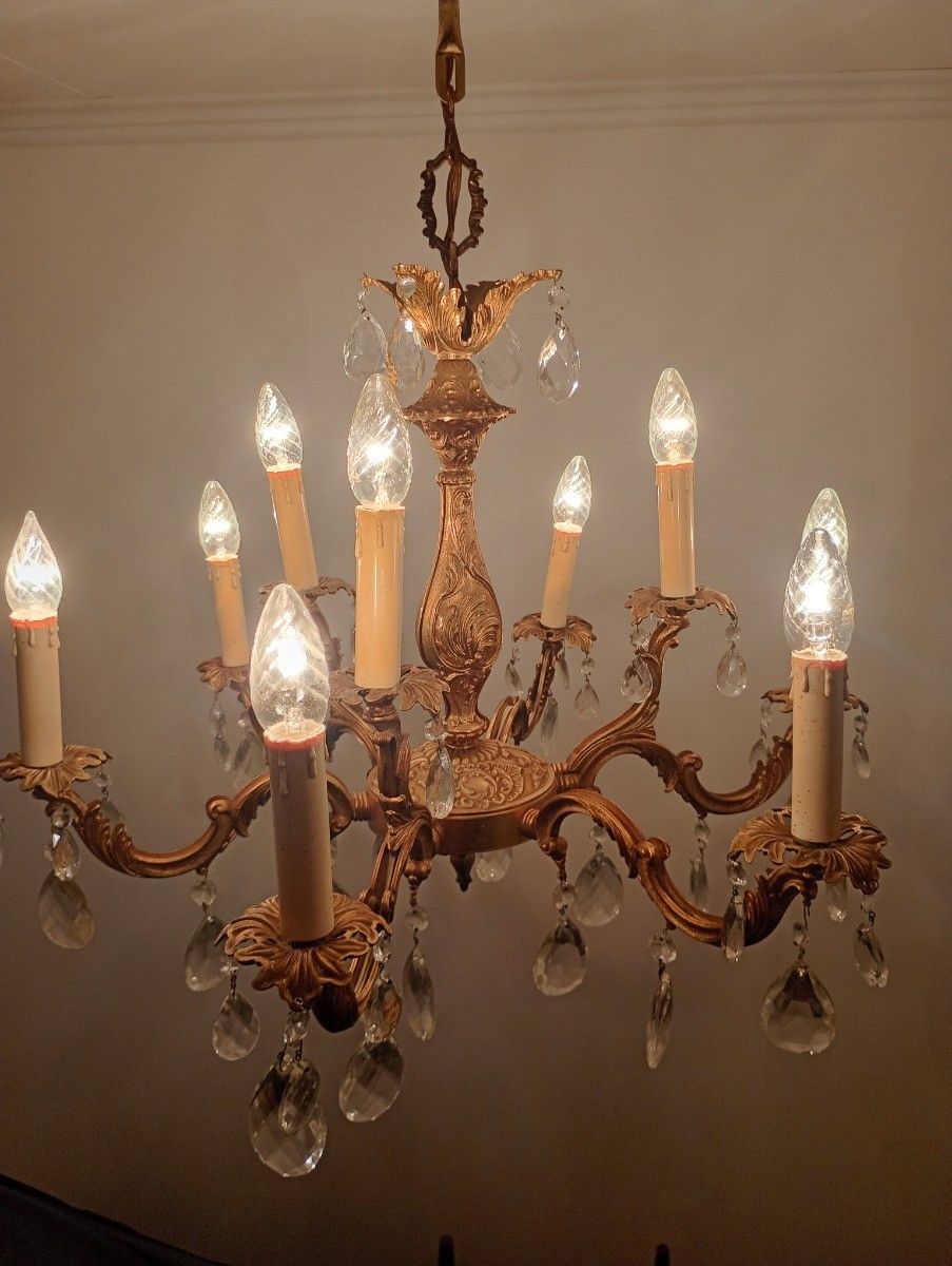 Lovely Vintage Chandelier French Hollywood Regency Style Brass Art Glass Prisms photo vintage