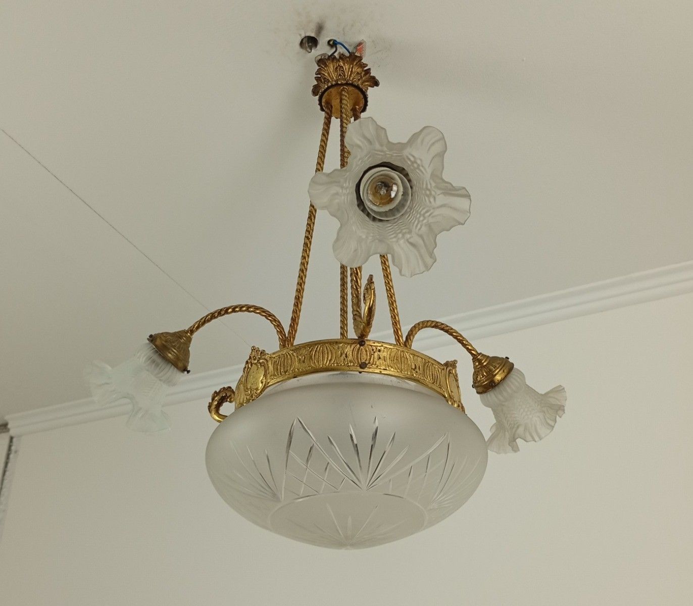 Antique Art Deco Chandelier French Brass & Etched Glass, 1920s Lighting 3 Arm 4 photo for sale