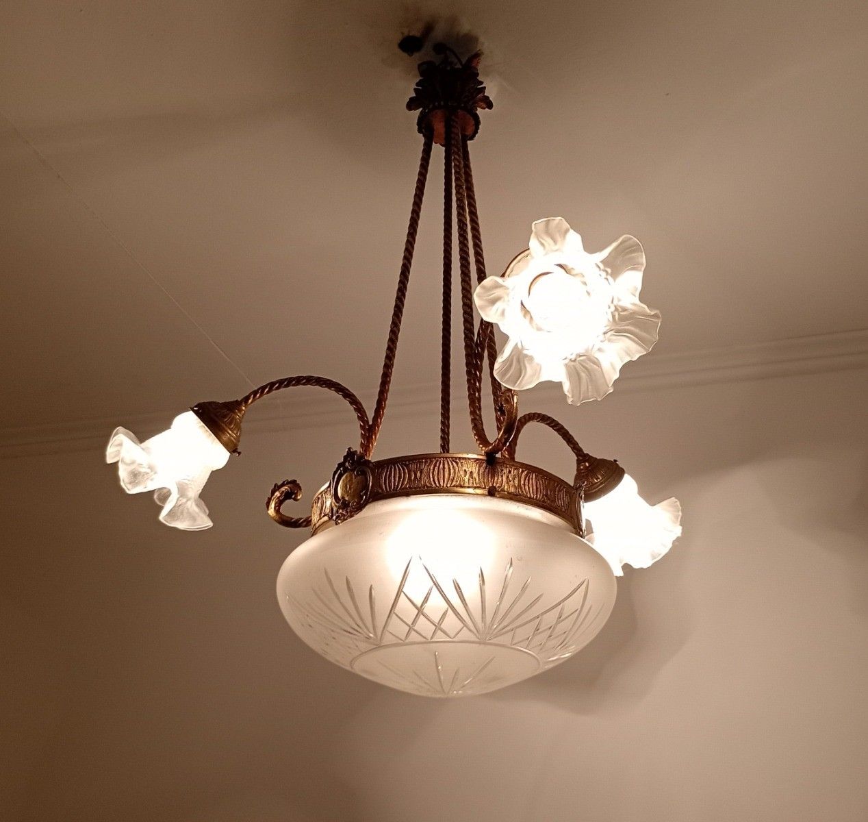 Antique Art Deco Chandelier French Brass & Etched Glass, 1920s Lighting 3 Arm 4 photo buy