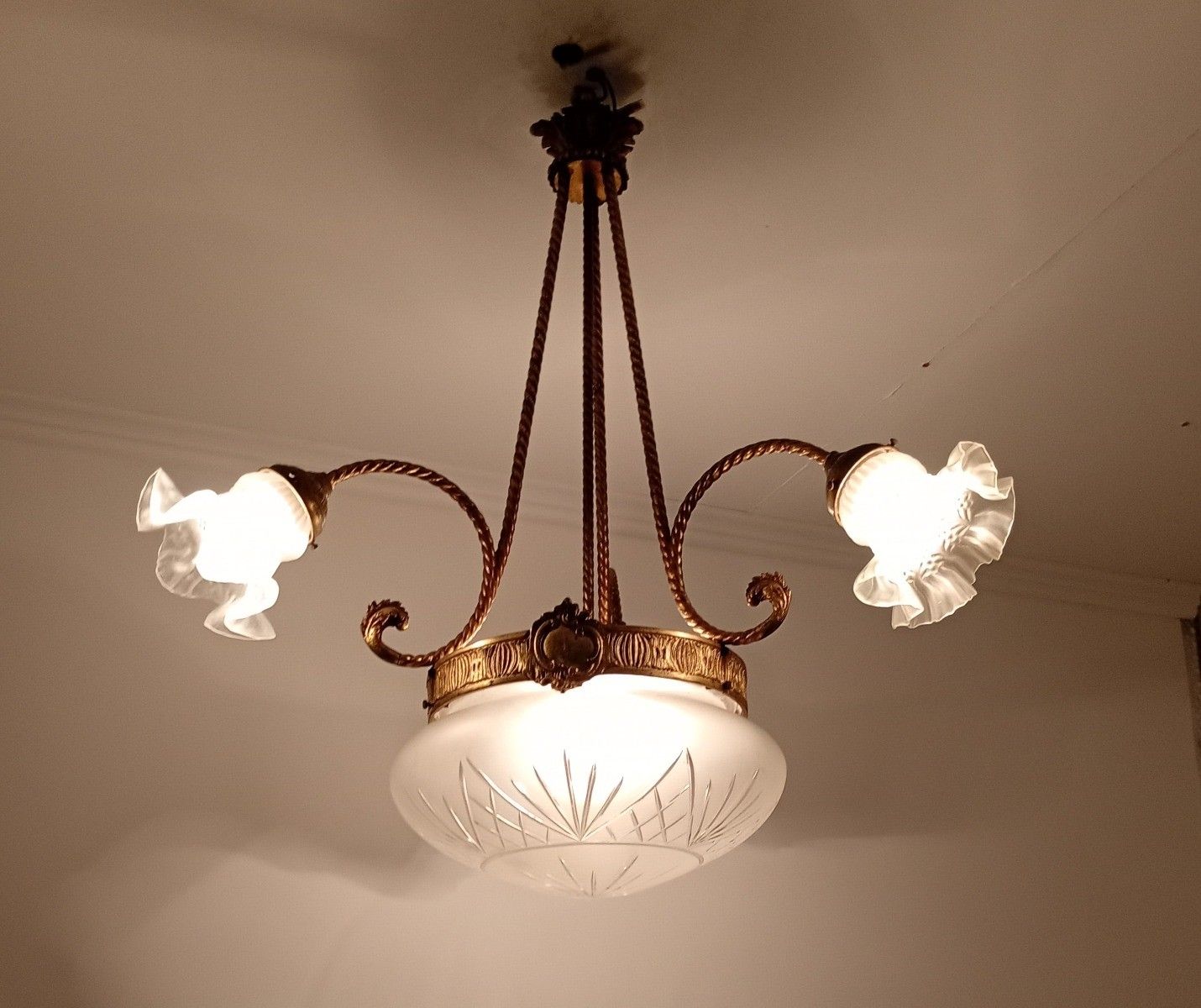 Antique Art Deco Chandelier French Brass & Etched Glass, 1920s Lighting 3 Arm 4 photo vintage