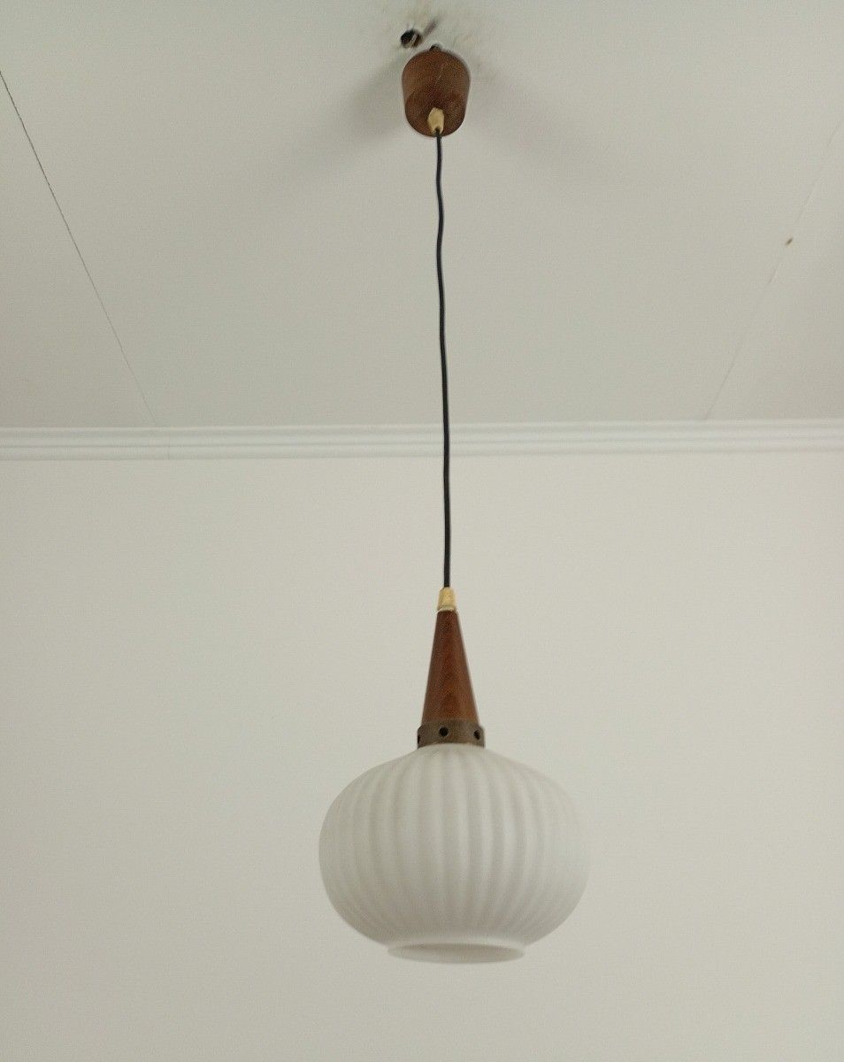 Danish Modernist Chandelier Pendant Teak  Opaline Glass Atomic Louis Kalff  Fixt photo furniture