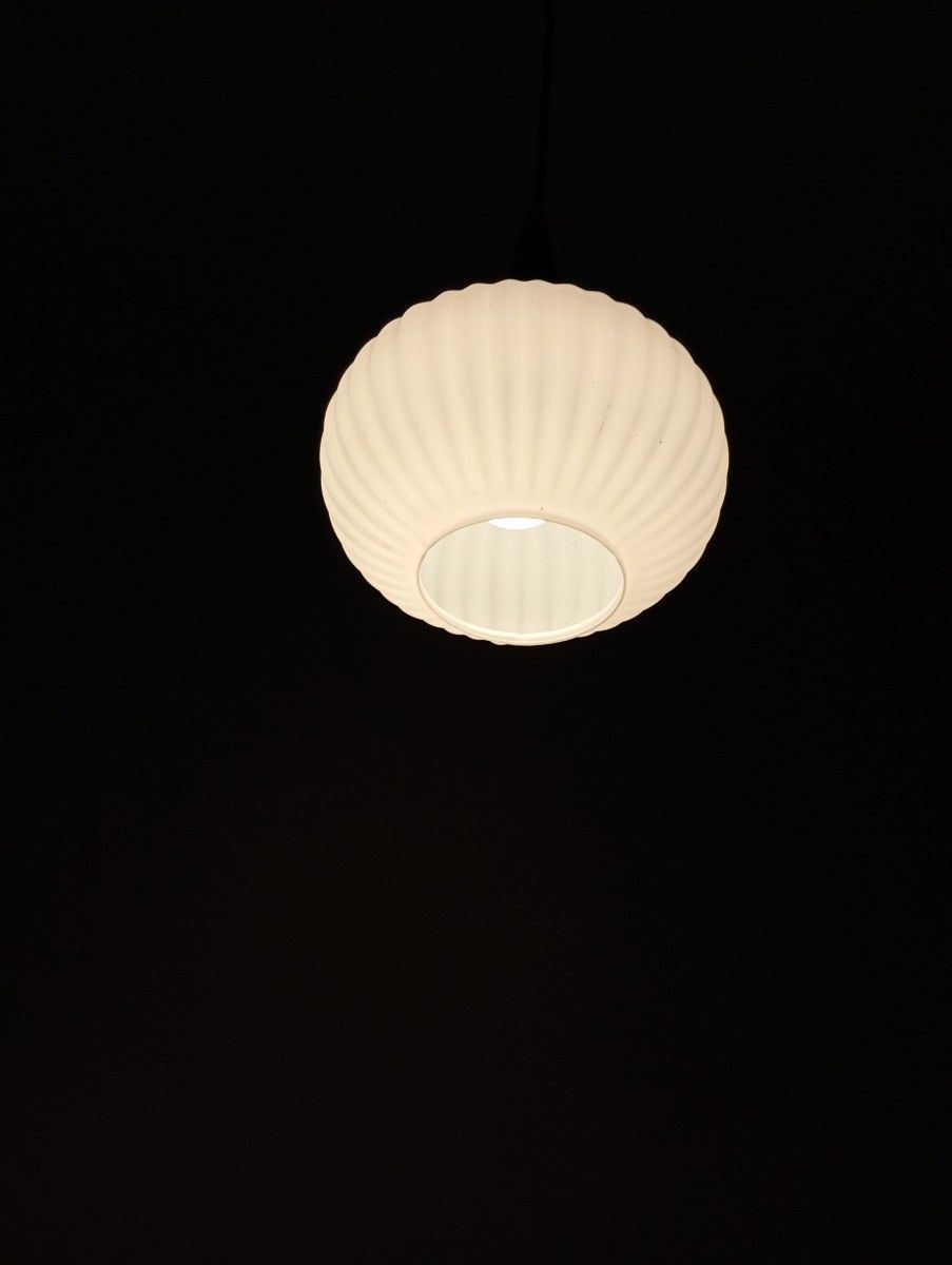 Danish Modernist Chandelier Pendant Teak  Opaline Glass Atomic Louis Kalff  Fixt photo Lighting