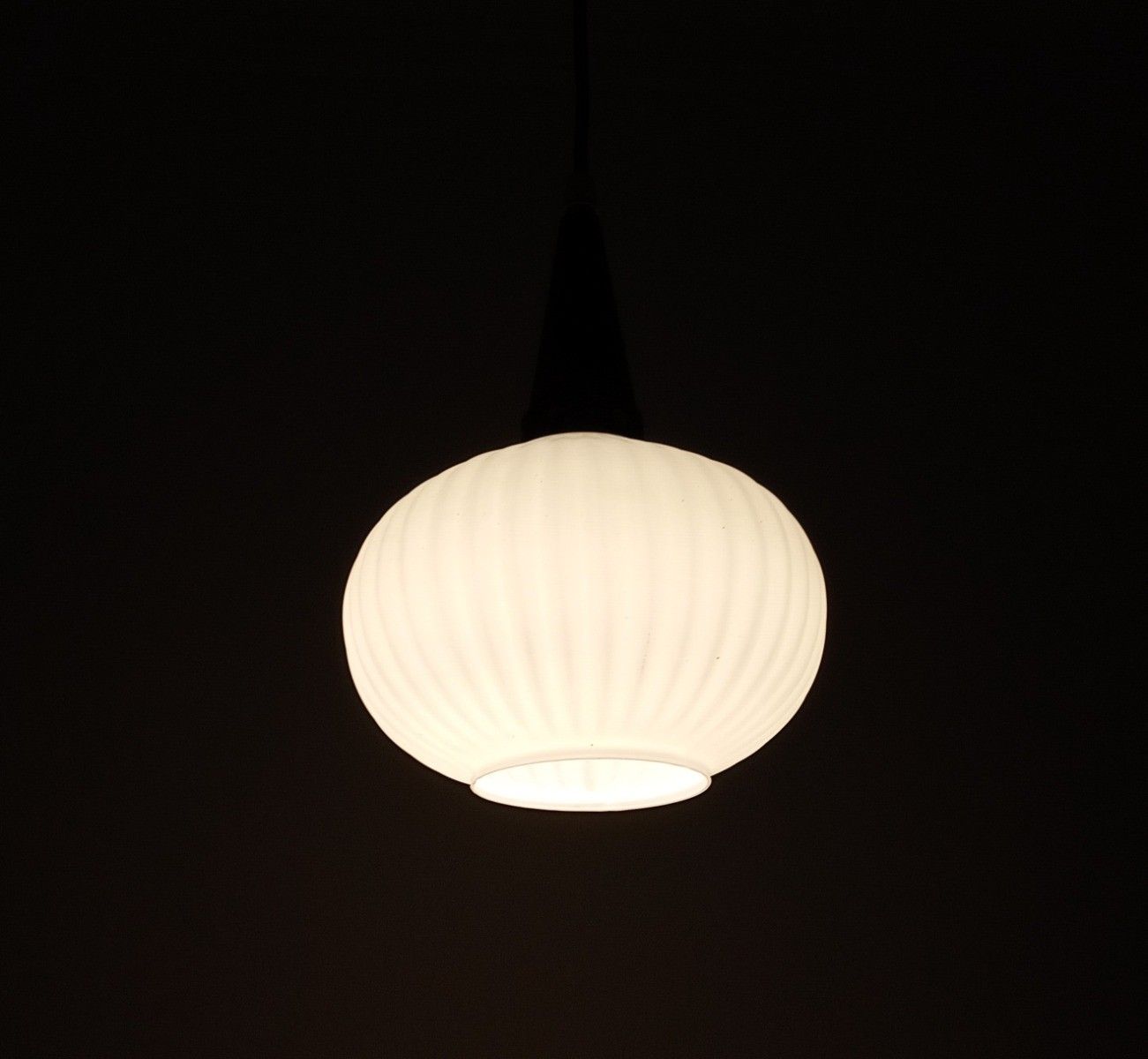 photo furniture Danish Modernist Chandelier Pendant Teak  Opaline Glass Atomic Louis Kalff  Fixt