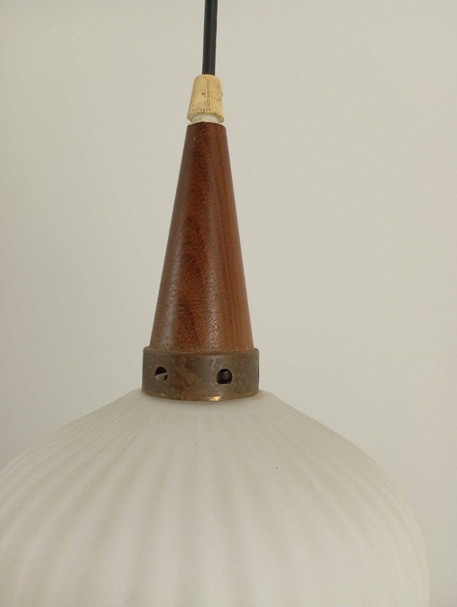 photo for sale Danish Modernist Chandelier Pendant Teak  Opaline Glass Atomic Louis Kalff  Fixt